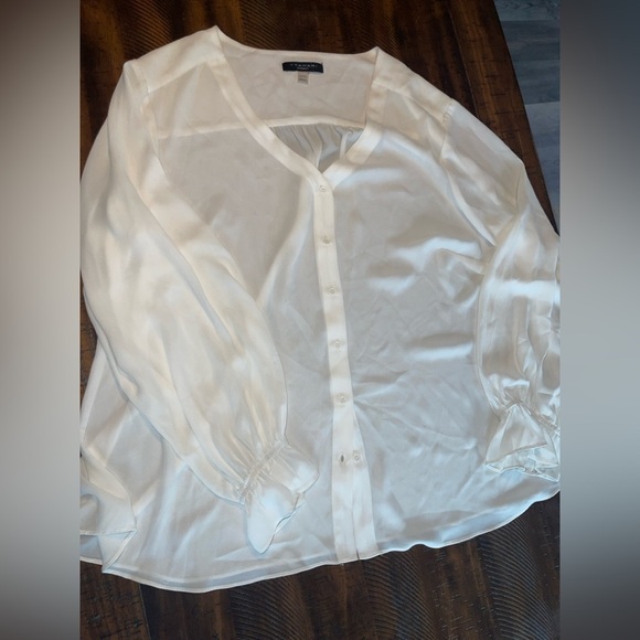 T Tahari Button Down Ruffle Cuff Chiffon Blouse Ivory Size 2X NWT sheer whimsy - Picture 2 of 8